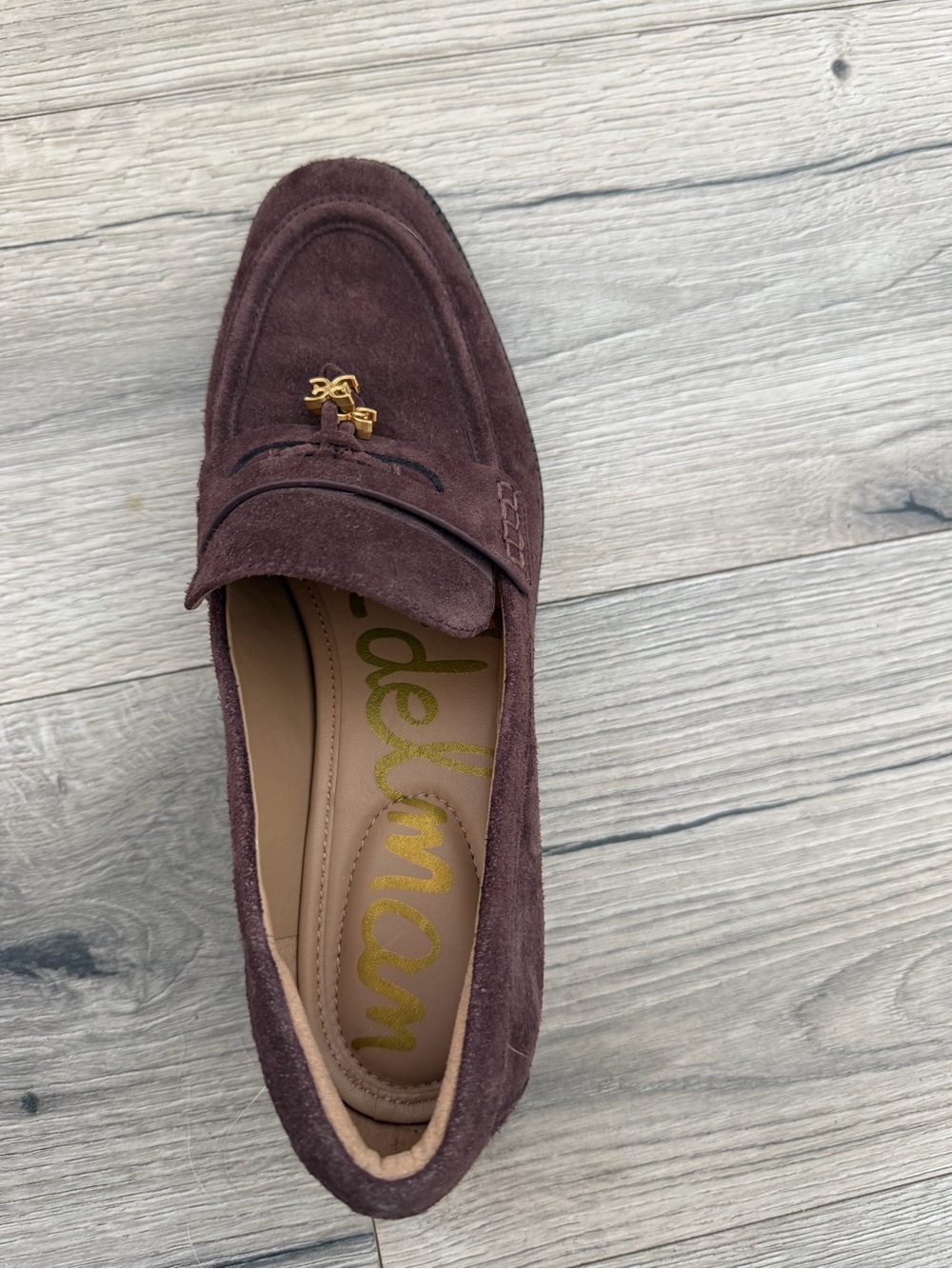 Sam Edelman Men's Suede Tassel Loafer in Plum Brown with Gold Accent